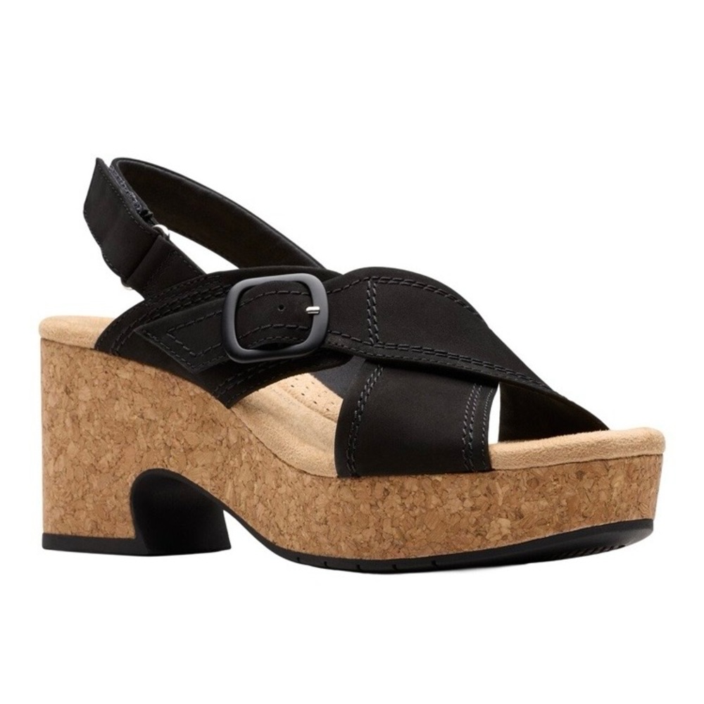Clarks Black Cork Wedge Sandal with Buckle Strap